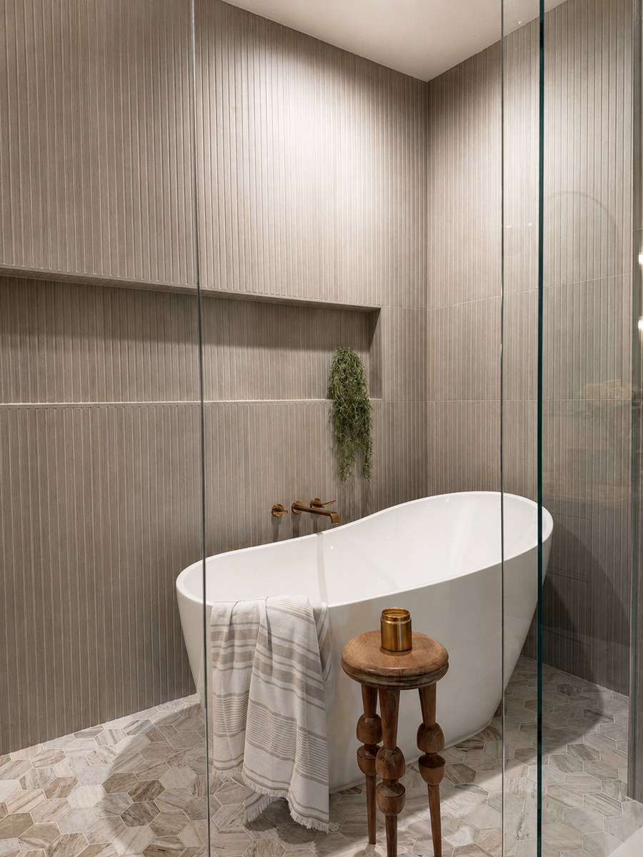 Freestanding tub and tiled shower