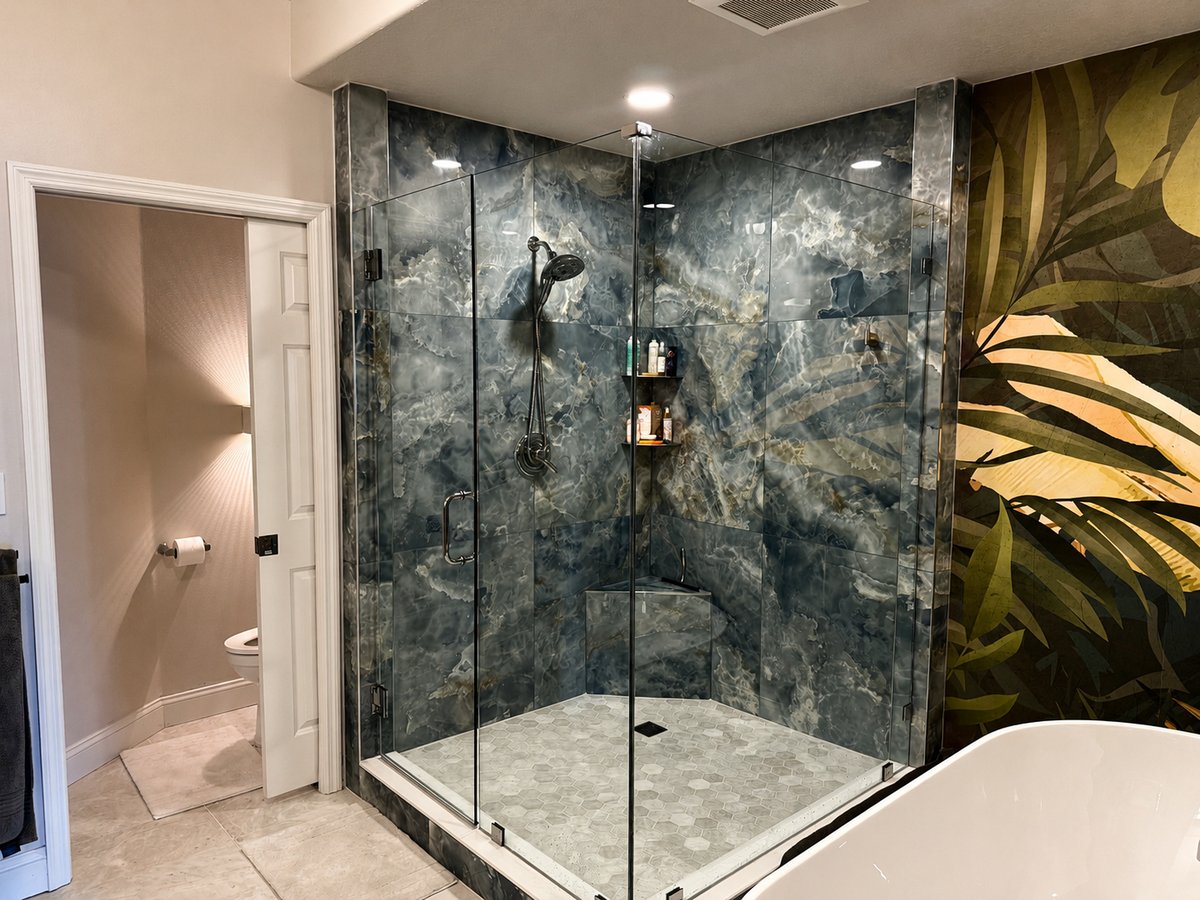 Blue onyx corner shower